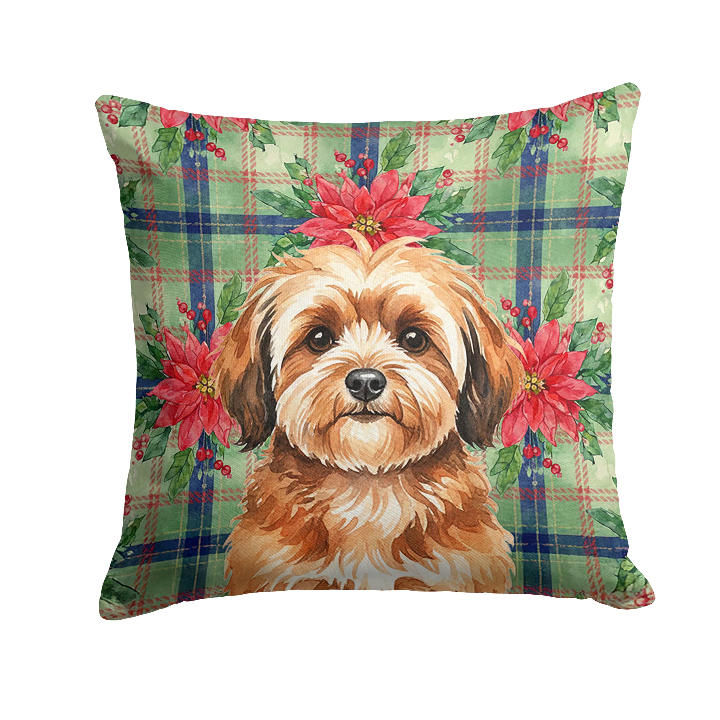 Sable Havanese Christmas PoinsettIas Decorative Throw Pillow 14x14 Indoor Outdoor Accent Cushion, Fabric Cover with Insert for Sofa, Bed, Porch & Living Room