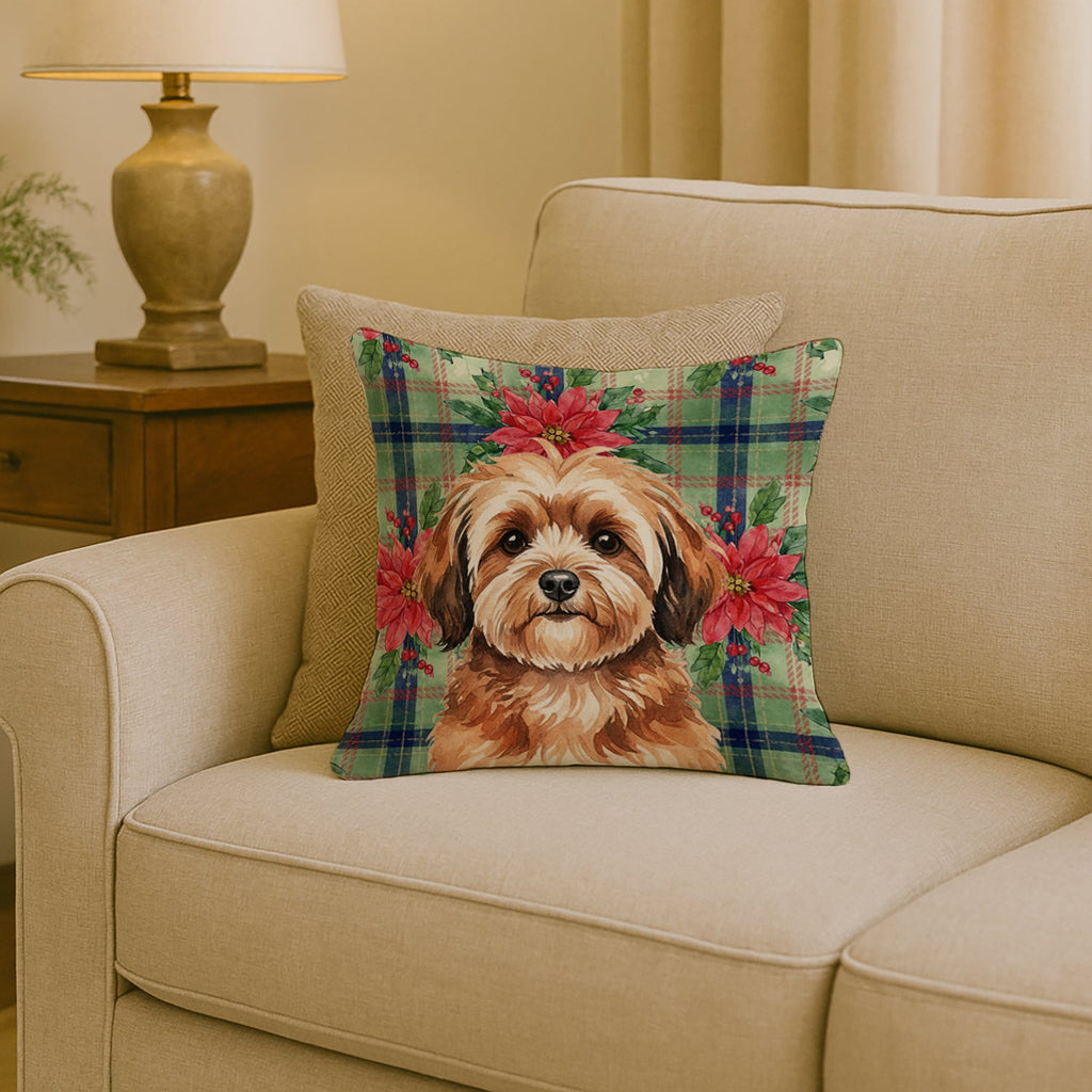 Sable Havanese Christmas PoinsettIas Decorative Throw Pillow 18x18 Indoor Outdoor Accent Cushion, Fabric Cover with Insert for Sofa, Bed, Porch & Living Room