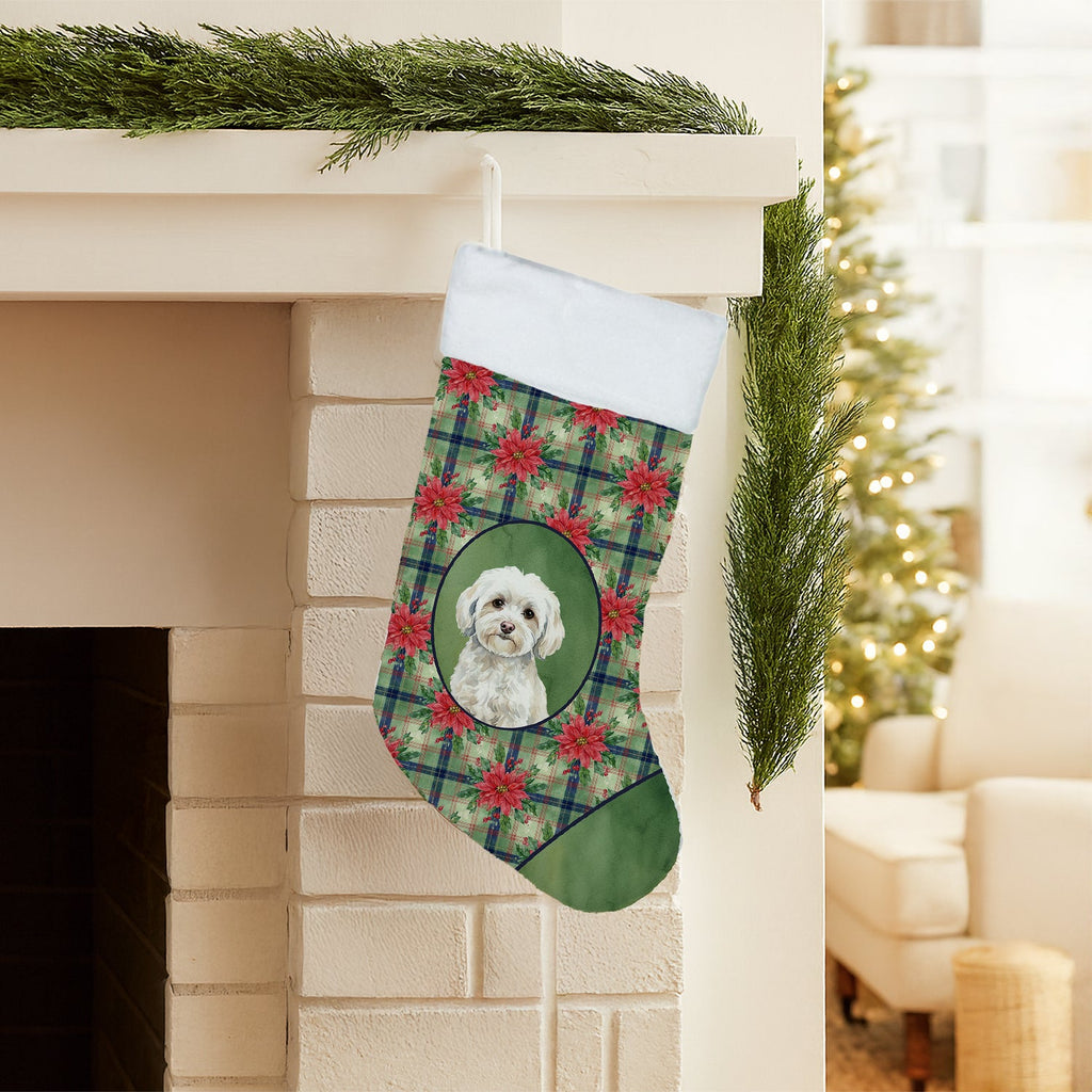 White Havanese Christmas PoinsettIas Holiday Stocking Double-Sided Print, Polyester Suede,11x18, Made in USA