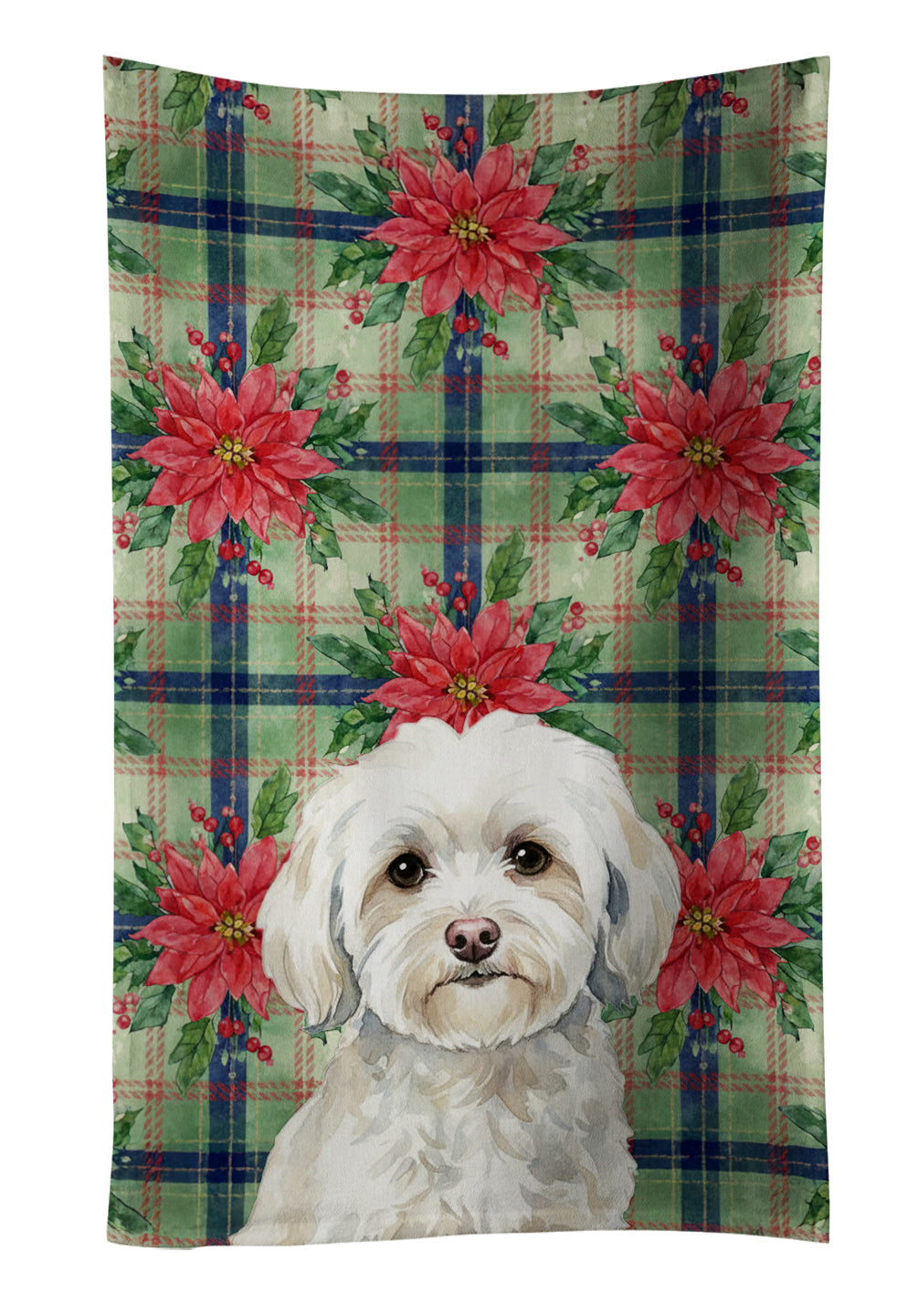 White Havanese Christmas PoinsettIas Kitchen Towel Velour Plush Front and Cotton Loop Back Machine Washable
