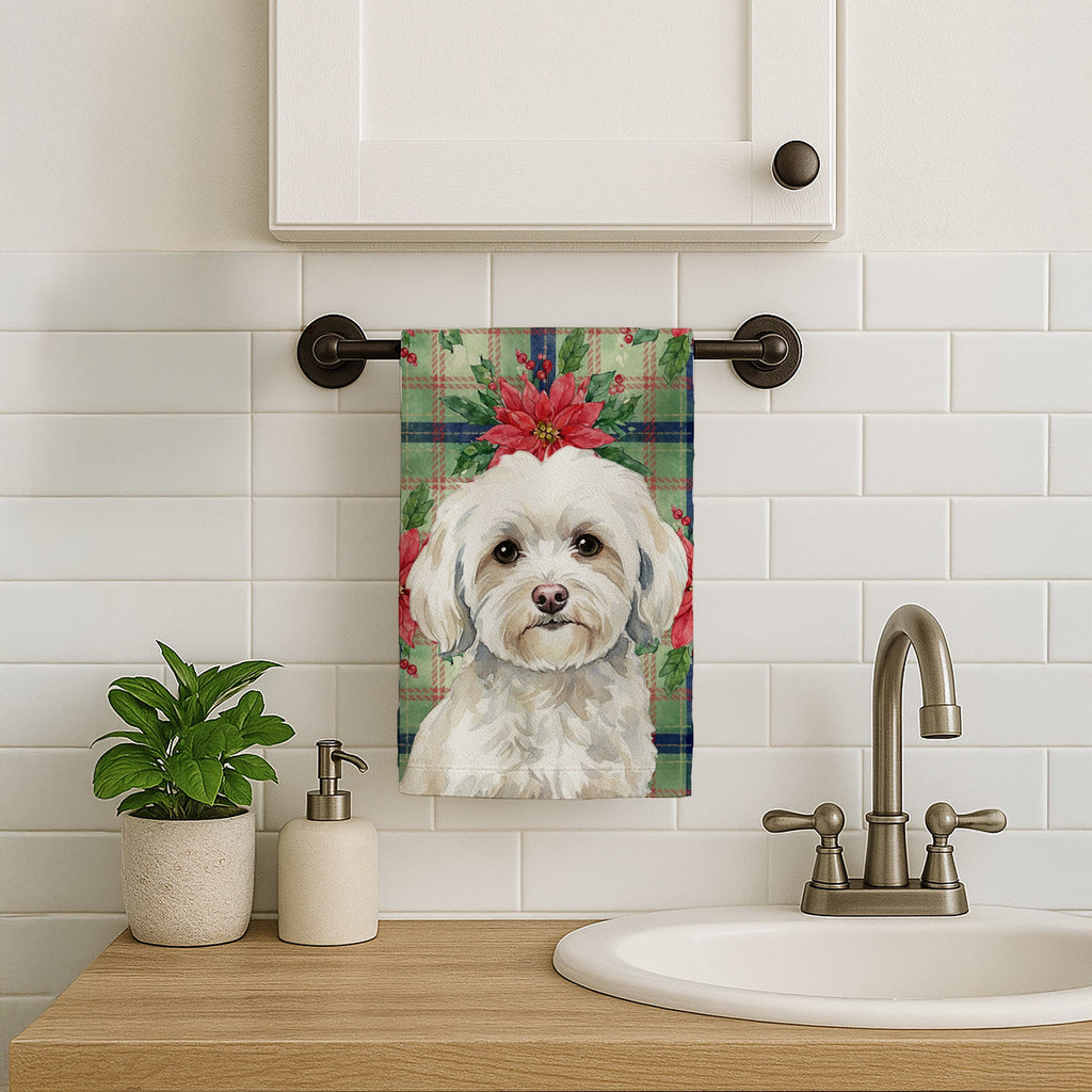 White Havanese Christmas PoinsettIas Kitchen Towel Velour Plush Front and Cotton Loop Back Machine Washable