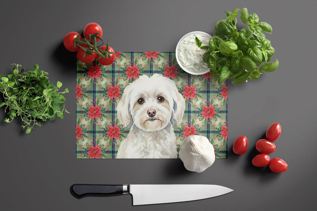 White Havanese Christmas PoinsettIas Cutting Board Tempered Glass Kitchen Cutting Surface, Heat Resistant Chopping, Non-Slip Feet, Food Prep & Serving