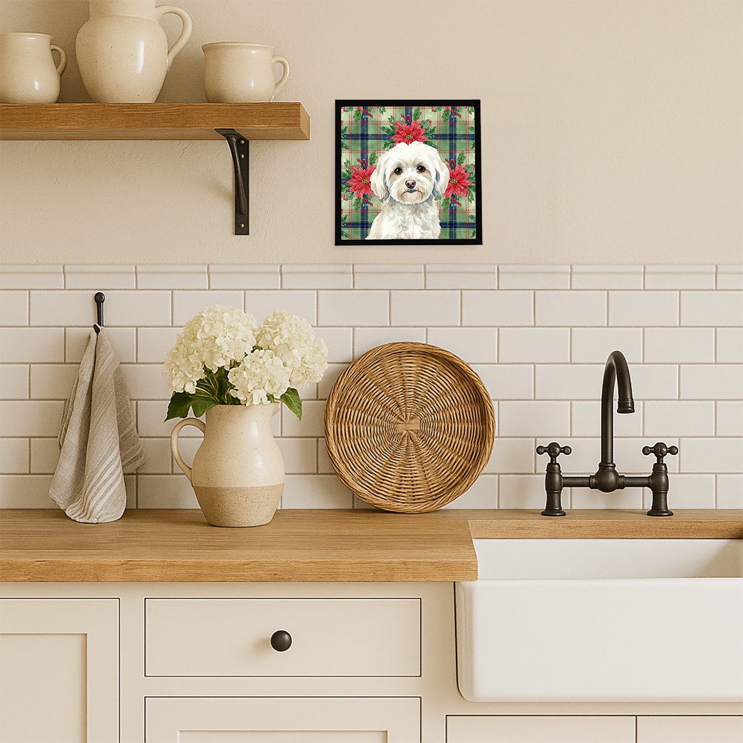 White Havanese Christmas PoinsettIas Framed Metal Print Bathroom, Kitchen, Office, Home Decor Wall Art Ready to Hang, Square, 8X8