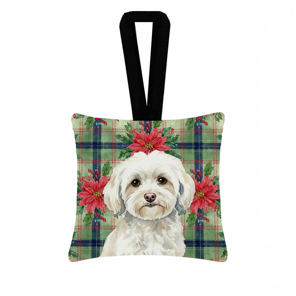 White Havanese Christmas PoinsettIas Hanging Square Fabric Ornament 3.5 � 3.5 Decorative Door-Knob & Tree Hanger, Soft Fabric