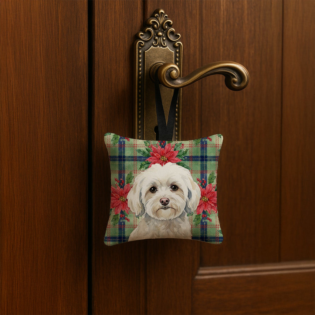 White Havanese Christmas PoinsettIas Hanging Square Fabric Ornament 3.5 � 3.5 Decorative Door-Knob & Tree Hanger, Soft Fabric