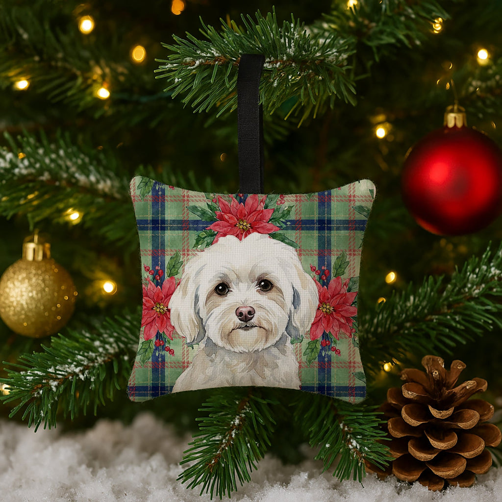 White Havanese Christmas PoinsettIas Hanging Square Fabric Ornament 3.5 � 3.5 Decorative Door-Knob & Tree Hanger, Soft Fabric