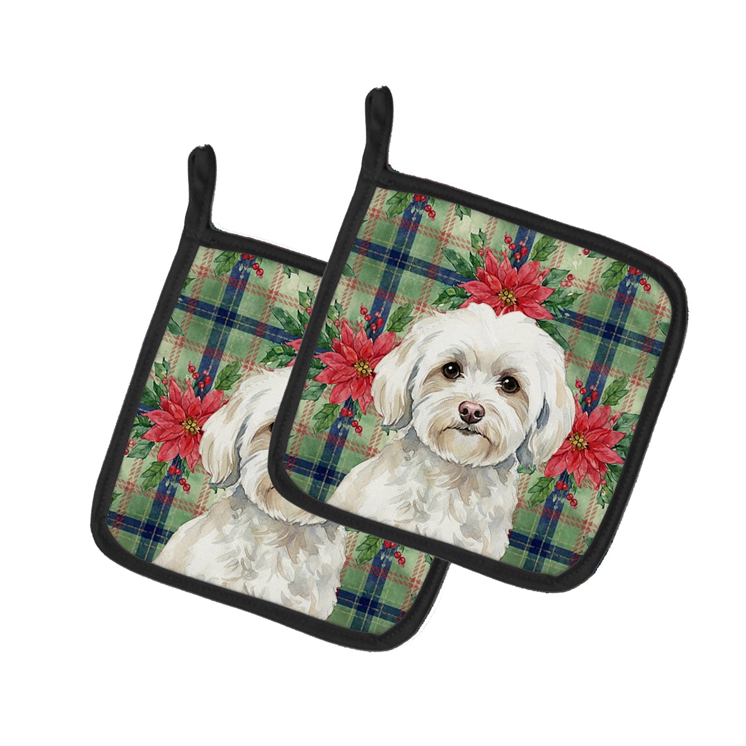 White Havanese Christmas PoinsettIas Pot Holder Set of 2 Heat Resistant Quilted Hot Pads 7.5 x 7.5 Inch, Insulated Kitchen Trivets for Cooking & Baking