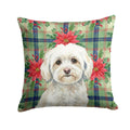 White Havanese Christmas PoinsettIas Decorative Throw Pillow 14x14 Indoor Outdoor Accent Cushion, Fabric Cover with Insert for Sofa, Bed, Porch & Living Room