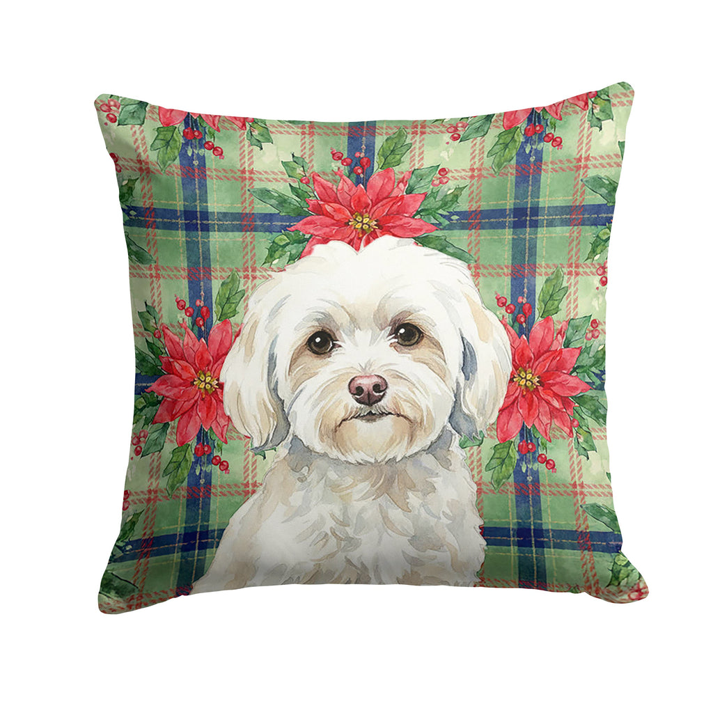White Havanese Christmas PoinsettIas Decorative Throw Pillow 18x18 Indoor Outdoor Accent Cushion, Fabric Cover with Insert for Sofa, Bed, Porch & Living Room