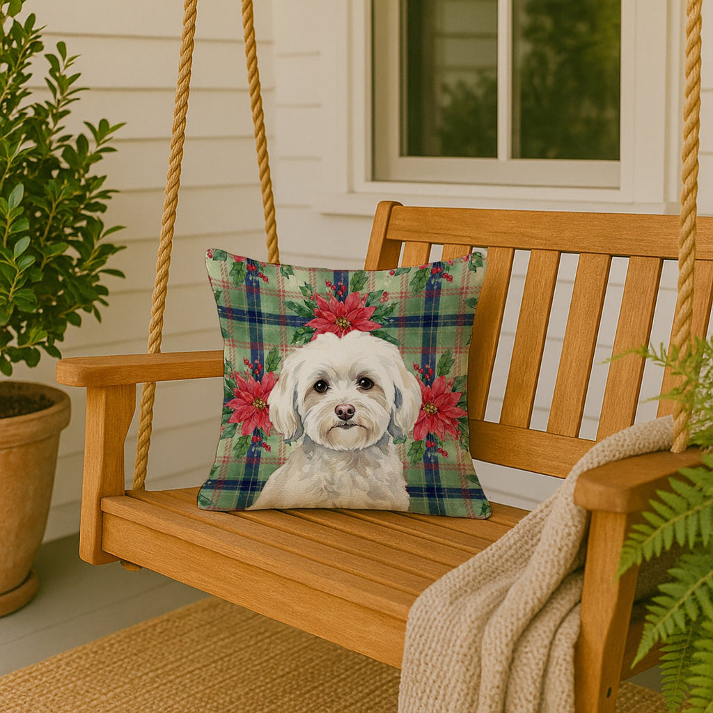 White Havanese Christmas PoinsettIas Decorative Throw Pillow 18x18 Indoor Outdoor Accent Cushion, Fabric Cover with Insert for Sofa, Bed, Porch & Living Room