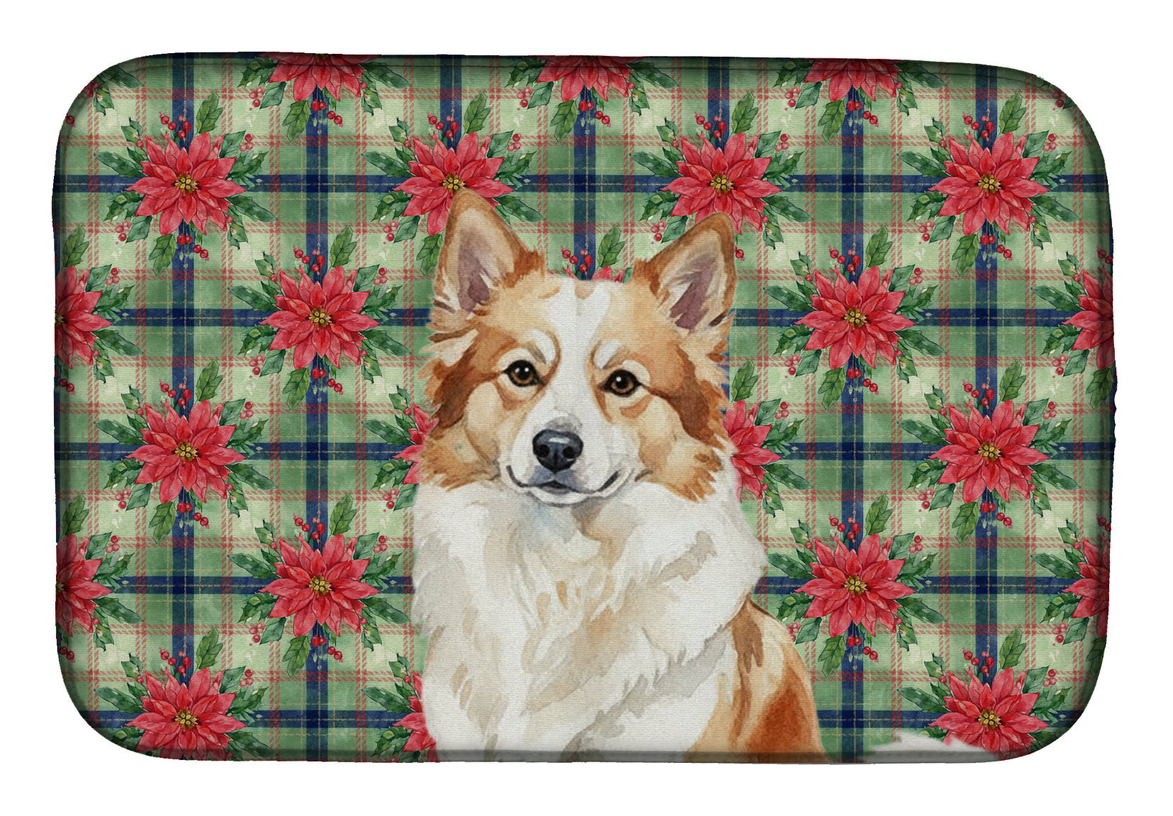 Tan Icelandic Sheepdog Christmas PoinsettIas Dish Drying Mat Absorbent Dish Drying Mat Pad for Kitchen Counter Dish Drainer Mat for Countertop, 14 x 21", Multicolor