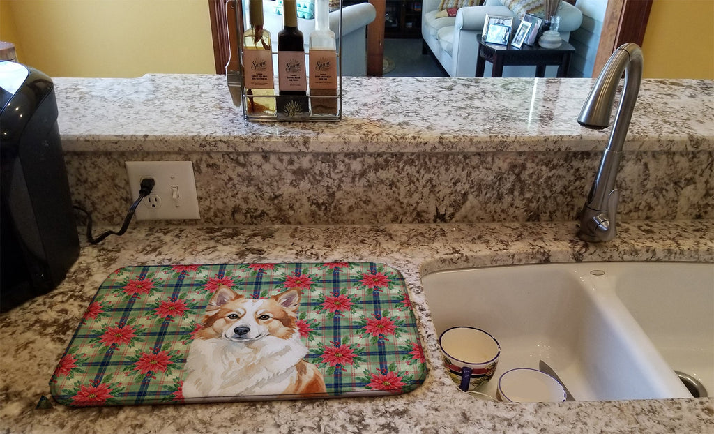 Tan Icelandic Sheepdog Christmas PoinsettIas Dish Drying Mat Absorbent Dish Drying Mat Pad for Kitchen Counter Dish Drainer Mat for Countertop, 14 x 21", Multicolor