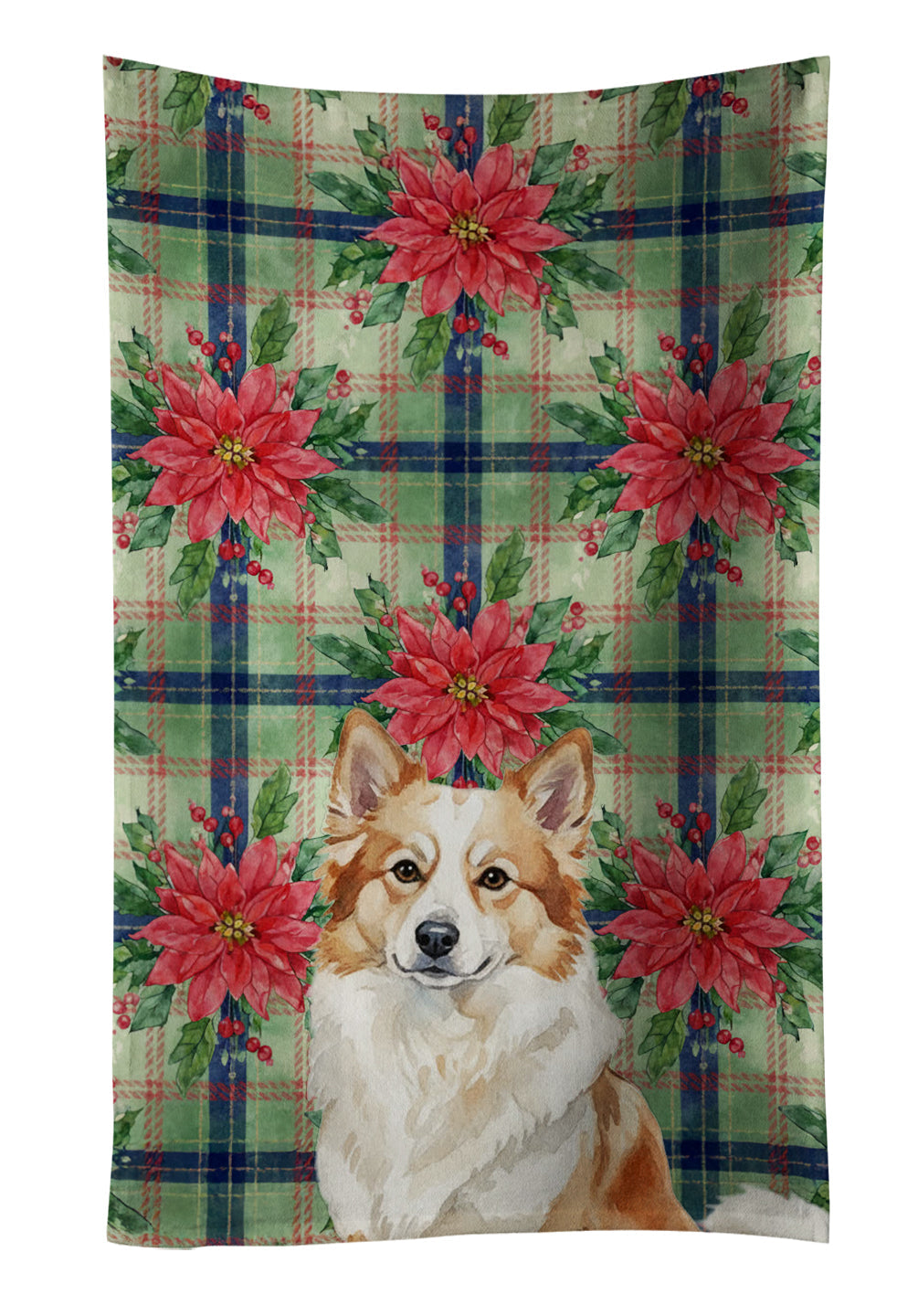 Tan Icelandic Sheepdog Christmas PoinsettIas Kitchen Towel Velour Plush Front and Cotton Loop Back Machine Washable