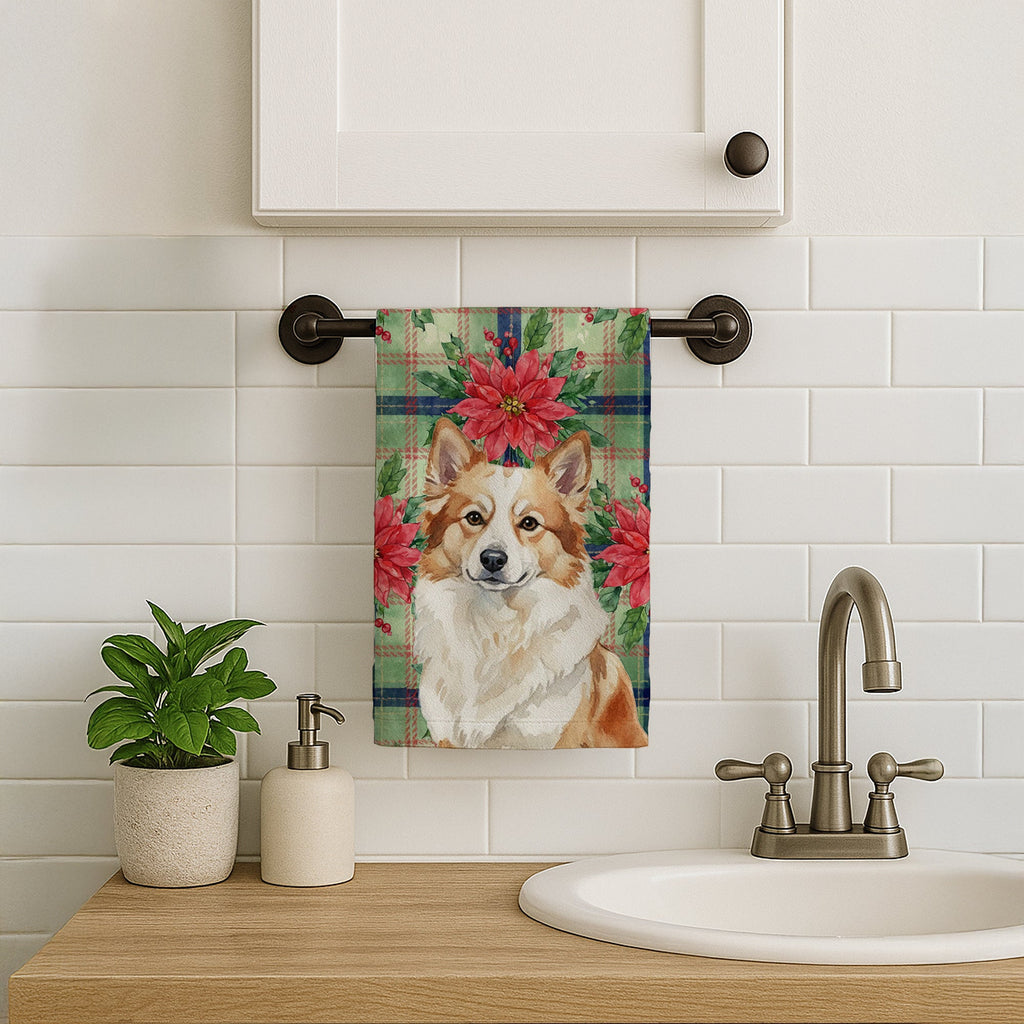 Tan Icelandic Sheepdog Christmas PoinsettIas Kitchen Towel Velour Plush Front and Cotton Loop Back Machine Washable