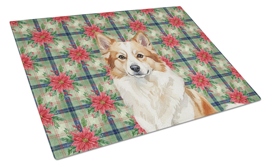 Tan Icelandic Sheepdog Christmas PoinsettIas Cutting Board Tempered Glass Kitchen Cutting Surface, Heat Resistant Chopping, Non-Slip Feet, Food Prep & Serving