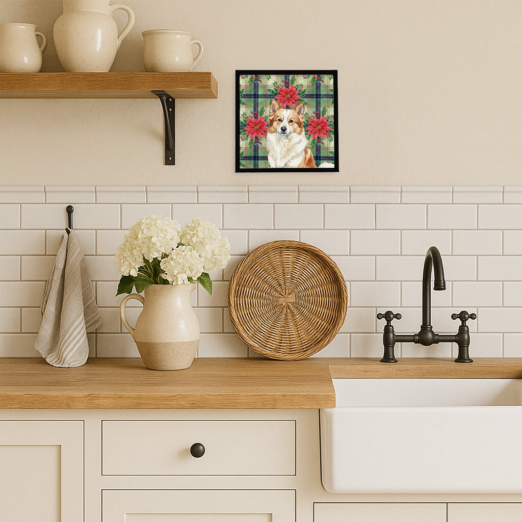 Tan Icelandic Sheepdog Christmas PoinsettIas Framed Metal Print Bathroom, Kitchen, Office, Home Decor Wall Art Ready to Hang, Square, 8X8