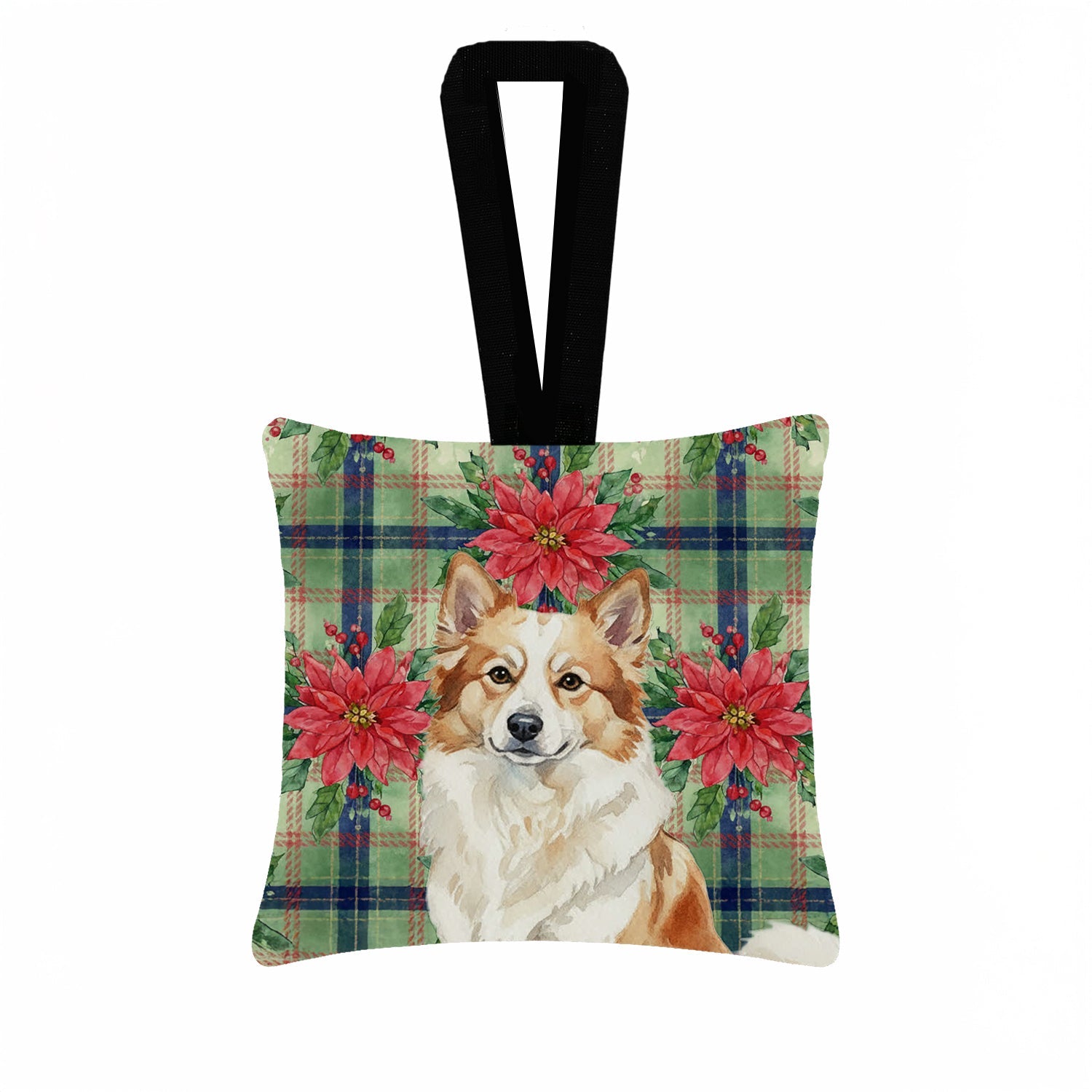 Tan Icelandic Sheepdog Christmas PoinsettIas Hanging Square Fabric Ornament 3.5 � 3.5 Decorative Door-Knob & Tree Hanger, Soft Fabric