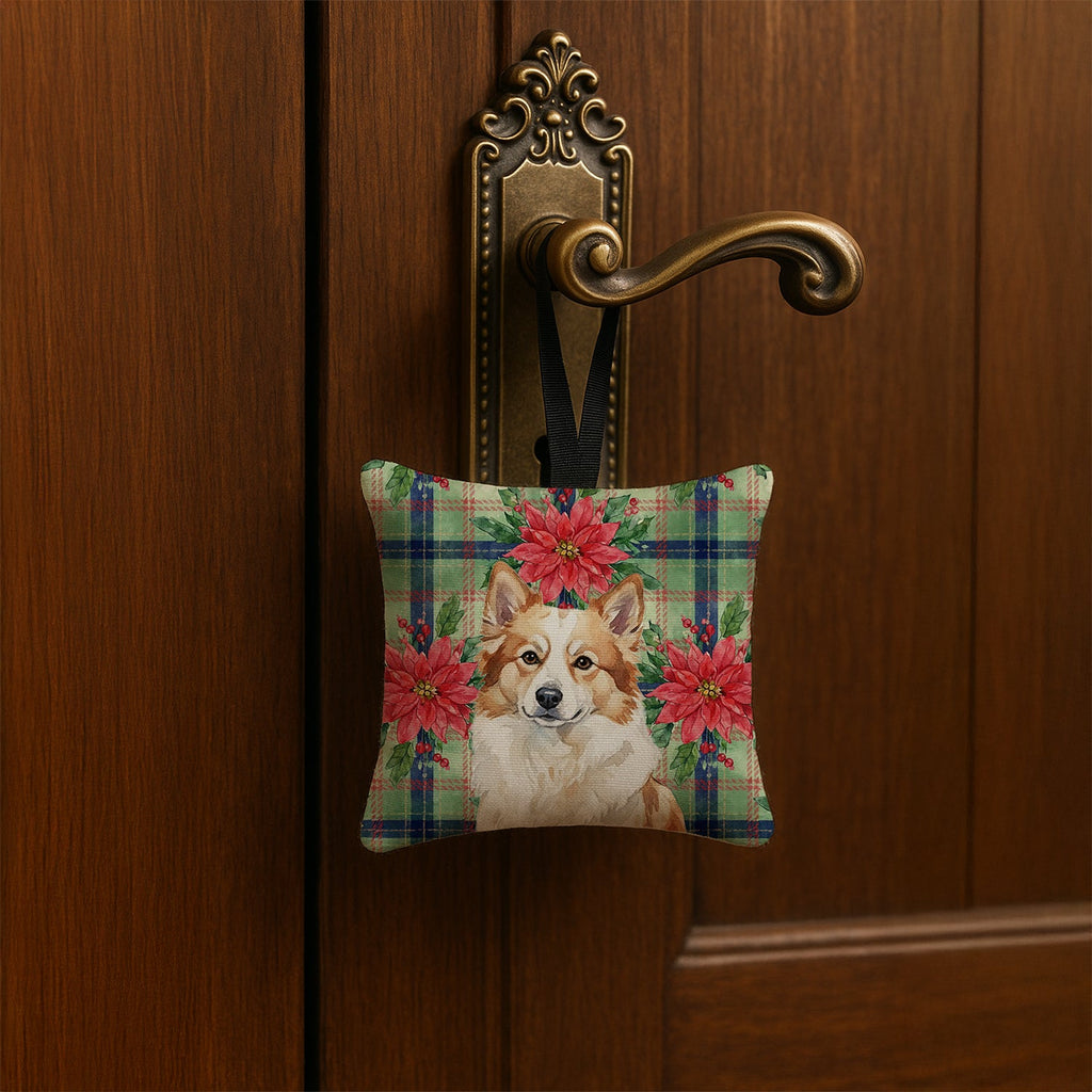 Tan Icelandic Sheepdog Christmas PoinsettIas Hanging Square Fabric Ornament 3.5 � 3.5 Decorative Door-Knob & Tree Hanger, Soft Fabric