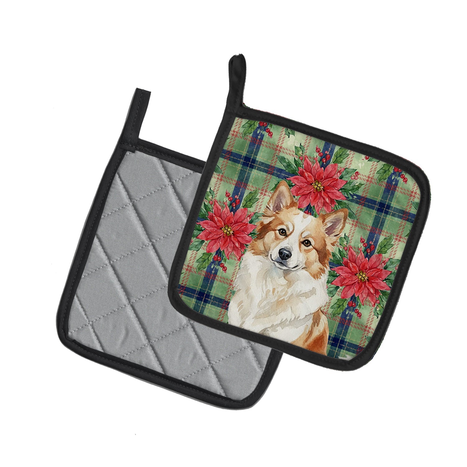 Tan Icelandic Sheepdog Christmas PoinsettIas Pot Holder Set of 2 Heat Resistant Quilted Hot Pads 7.5 x 7.5 Inch, Insulated Kitchen Trivets for Cooking & Baking