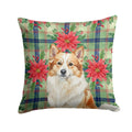 Tan Icelandic Sheepdog Christmas PoinsettIas Decorative Throw Pillow 14x14 Indoor Outdoor Accent Cushion, Fabric Cover with Insert for Sofa, Bed, Porch & Living Room