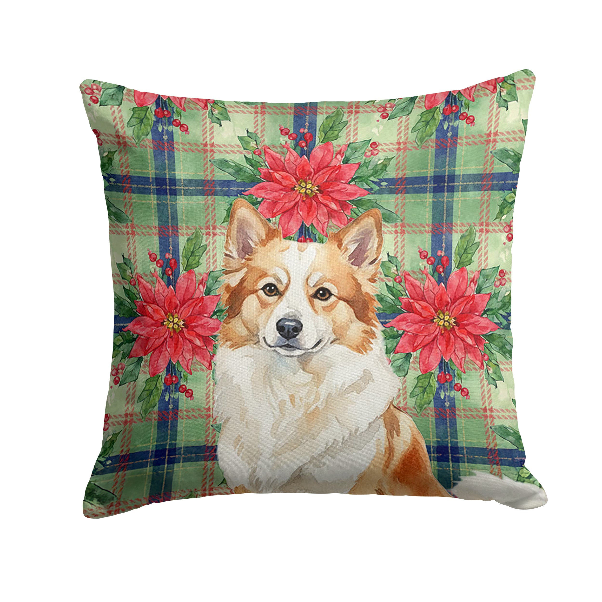 Tan Icelandic Sheepdog Christmas PoinsettIas Decorative Throw Pillow 14x14 Indoor Outdoor Accent Cushion, Fabric Cover with Insert for Sofa, Bed, Porch & Living Room