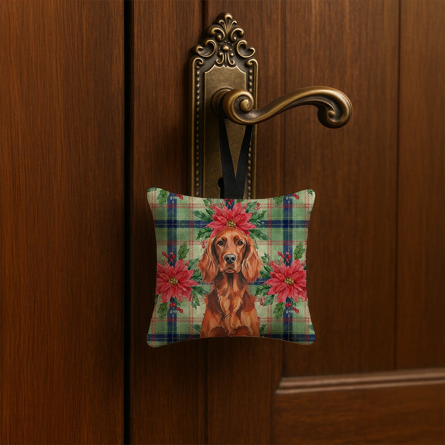 Irish Setter Christmas PoinsettIas Hanging Square Fabric Ornament 3.5 � 3.5 Decorative Door-Knob & Tree Hanger, Soft Fabric