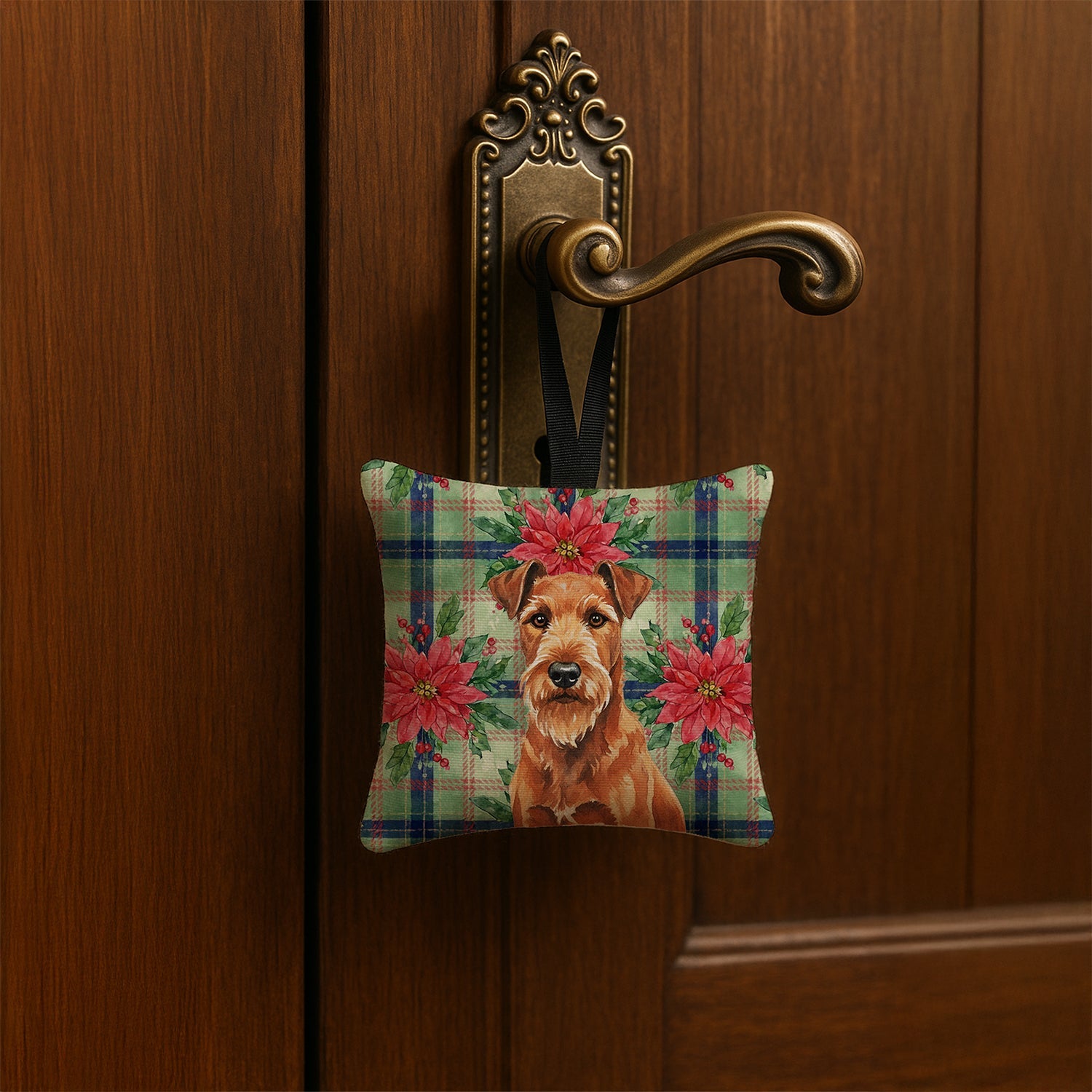 Irish Terrier Christmas PoinsettIas Hanging Square Fabric Ornament 3.5 � 3.5 Decorative Door-Knob & Tree Hanger, Soft Fabric
