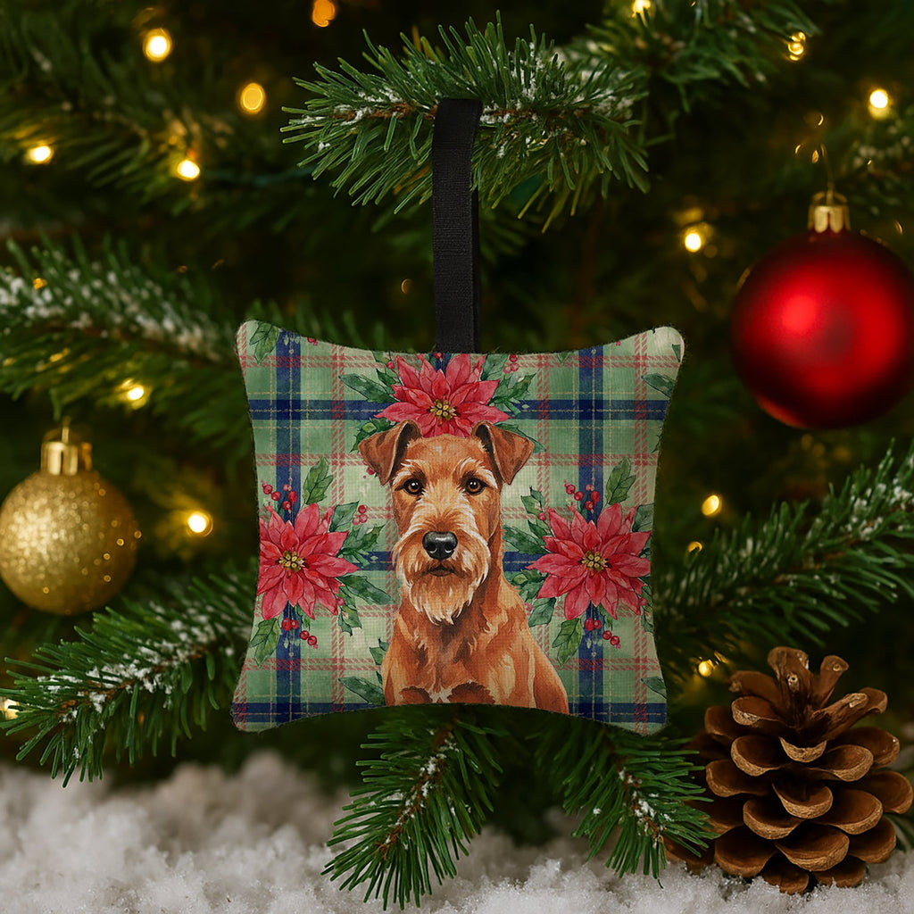 Irish Terrier Christmas PoinsettIas Hanging Square Fabric Ornament 3.5 � 3.5 Decorative Door-Knob & Tree Hanger, Soft Fabric