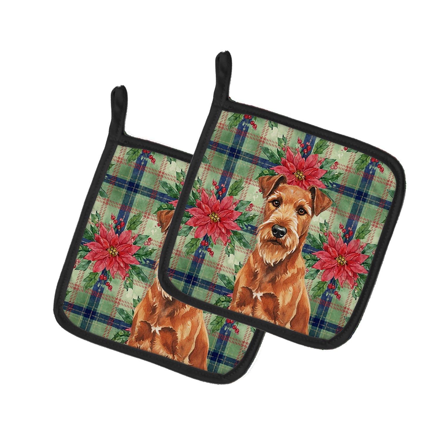 Irish Terrier Christmas PoinsettIas Pot Holder Set of 2 Heat Resistant Quilted Hot Pads 7.5 x 7.5 Inch, Insulated Kitchen Trivets for Cooking & Baking