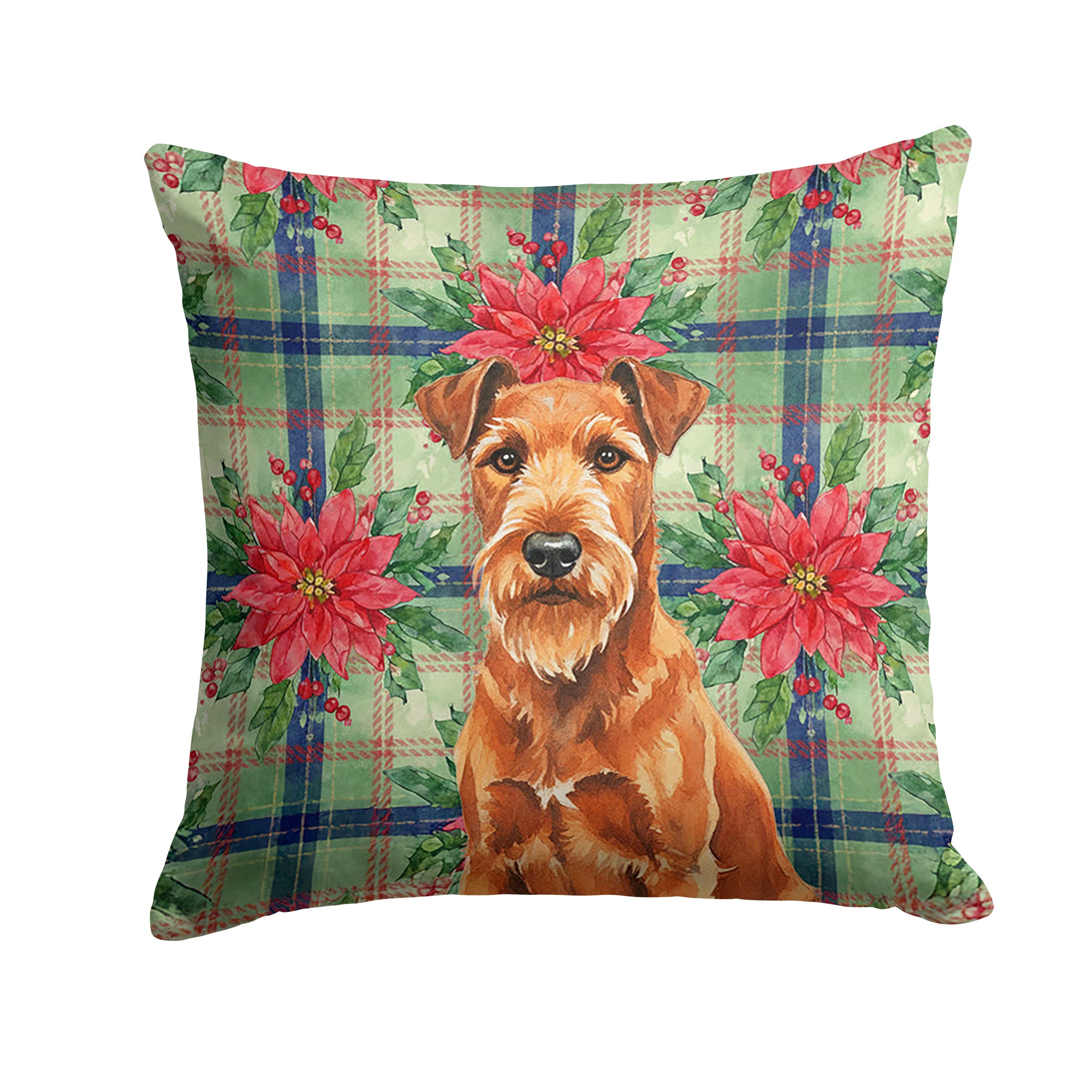 Irish Terrier Christmas PoinsettIas Decorative Throw Pillow 14x14 Indoor Outdoor Accent Cushion, Fabric Cover with Insert for Sofa, Bed, Porch & Living Room