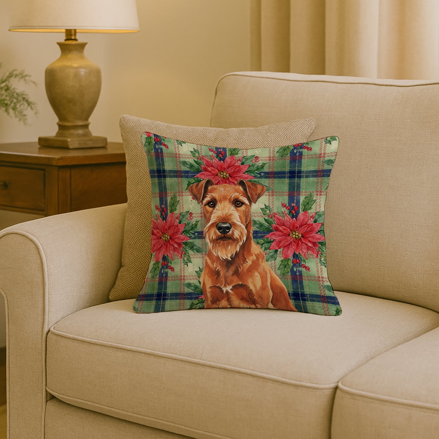 Irish Terrier Christmas PoinsettIas Decorative Throw Pillow 18x18 Indoor Outdoor Accent Cushion, Fabric Cover with Insert for Sofa, Bed, Porch & Living Room