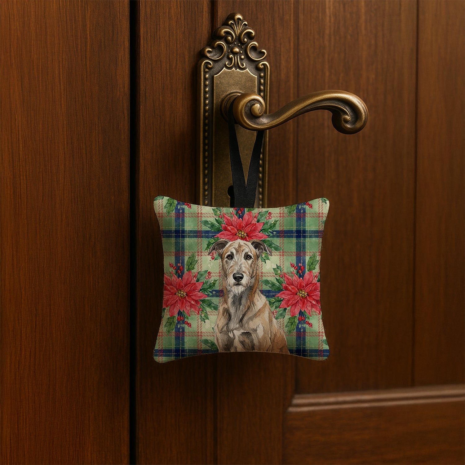 Brindle Irish Wolfhound Christmas PoinsettIas Hanging Square Fabric Ornament 3.5 � 3.5 Decorative Door-Knob & Tree Hanger, Soft Fabric