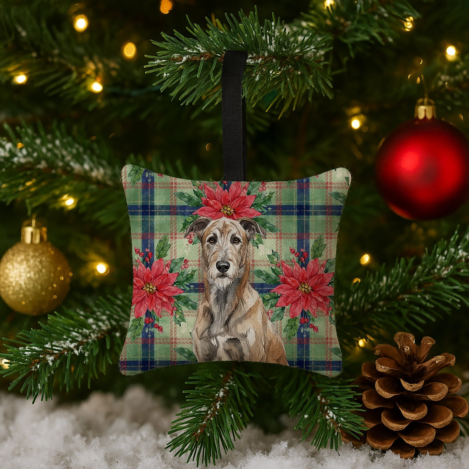 Brindle Irish Wolfhound Christmas PoinsettIas Hanging Square Fabric Ornament 3.5 � 3.5 Decorative Door-Knob & Tree Hanger, Soft Fabric