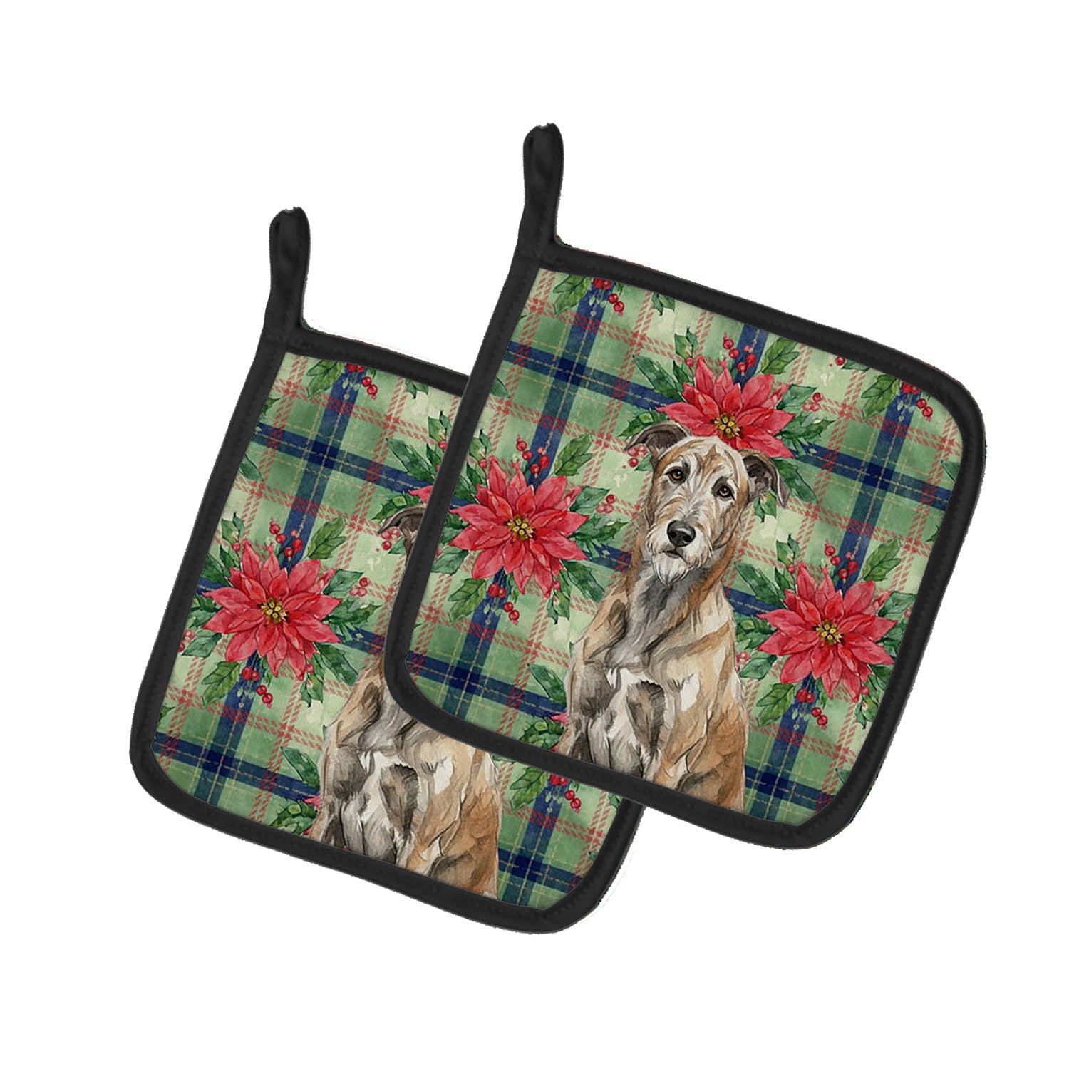 Brindle Irish Wolfhound Christmas PoinsettIas Pot Holder Set of 2 Heat Resistant Quilted Hot Pads 7.5 x 7.5 Inch, Insulated Kitchen Trivets for Cooking & Baking