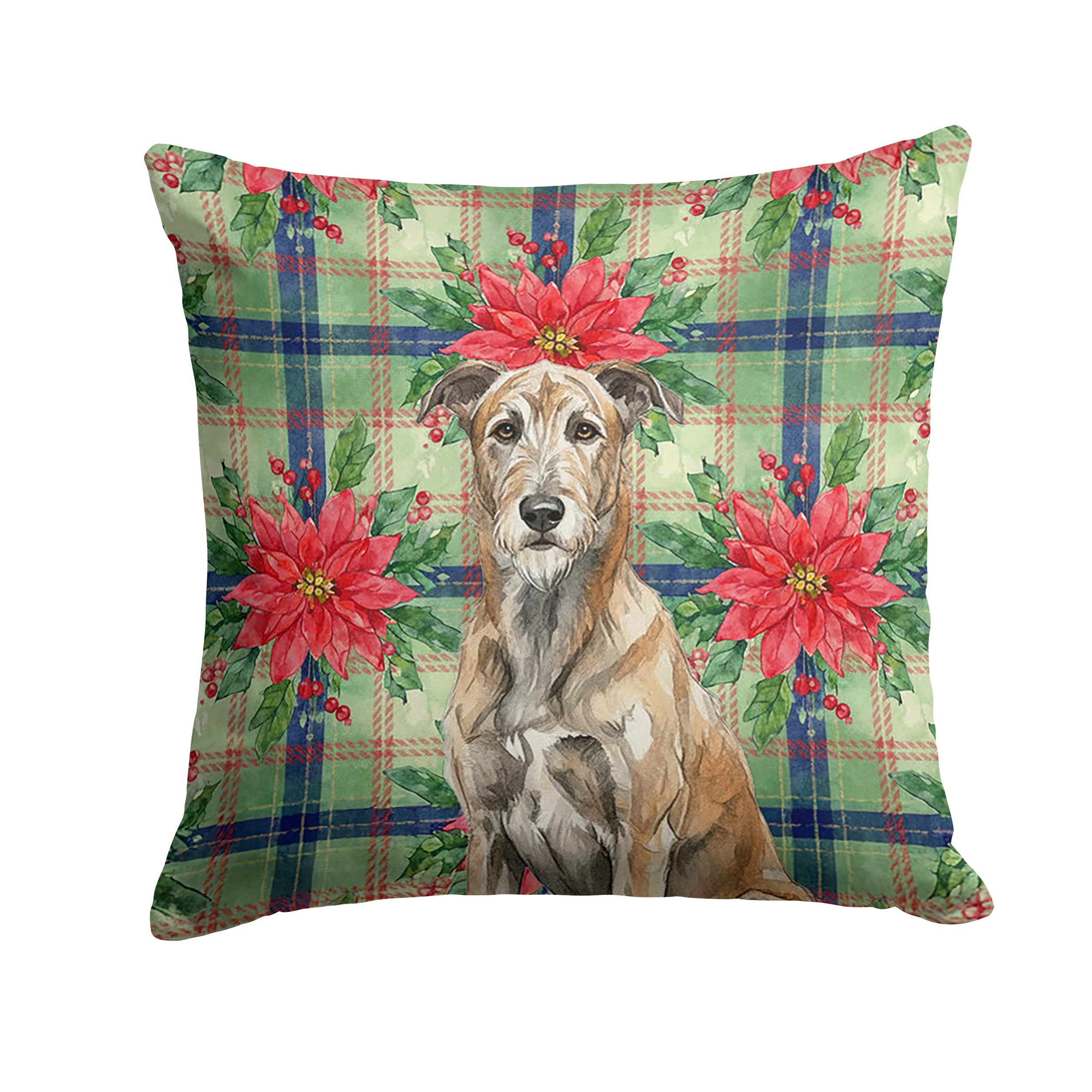 Brindle Irish Wolfhound Christmas PoinsettIas Decorative Throw Pillow 14x14 Indoor Outdoor Accent Cushion, Fabric Cover with Insert for Sofa, Bed, Porch & Living Room