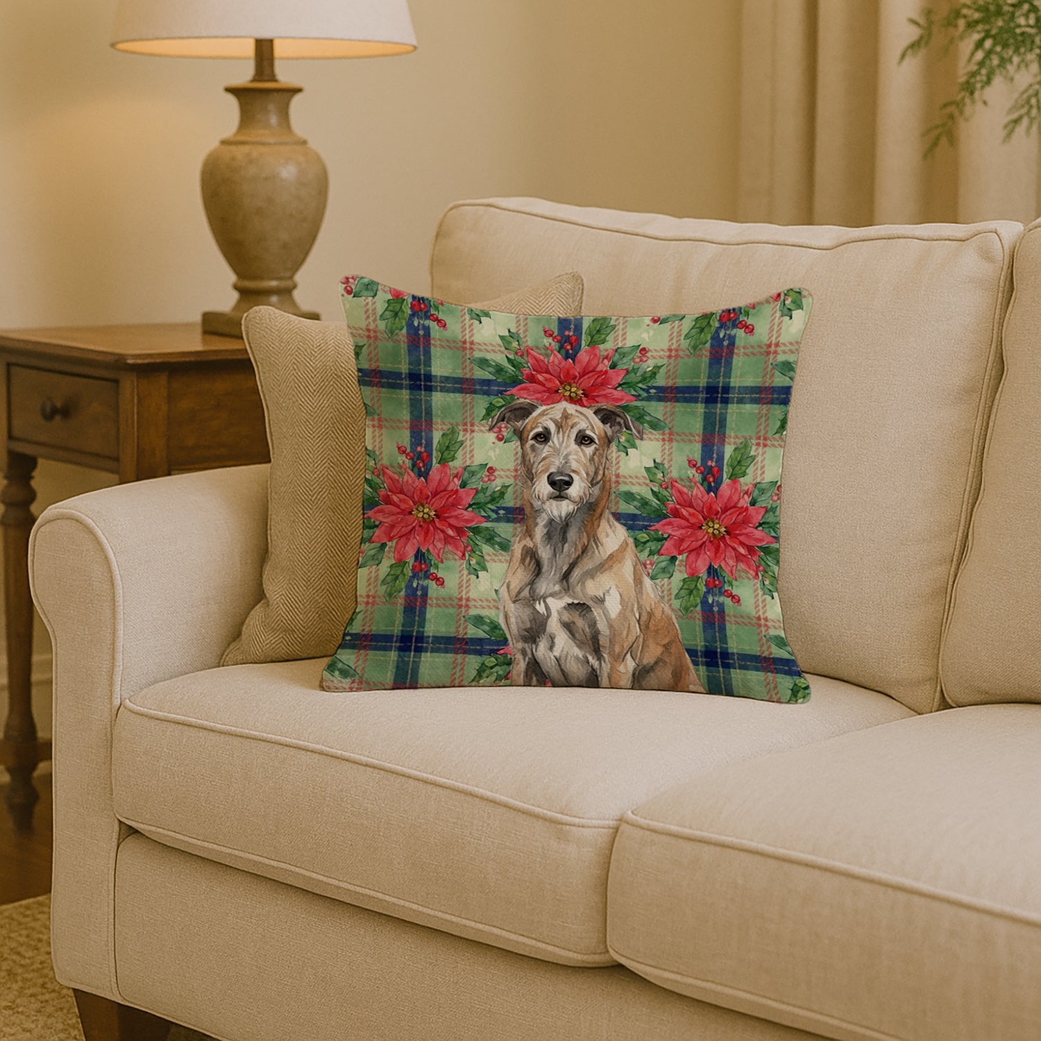 Brindle Irish Wolfhound Christmas PoinsettIas Decorative Throw Pillow 14x14 Indoor Outdoor Accent Cushion, Fabric Cover with Insert for Sofa, Bed, Porch & Living Room