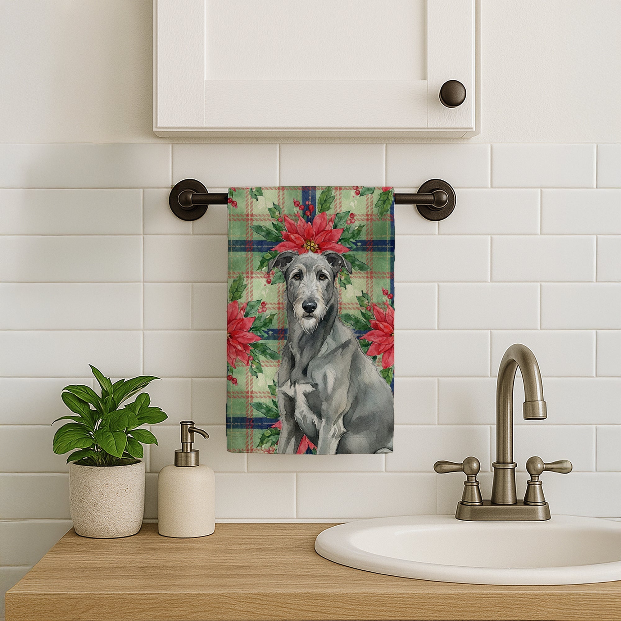 Gray Irish Wolfhound Christmas PoinsettIas Kitchen Towel Velour Plush Front and Cotton Loop Back Machine Washable