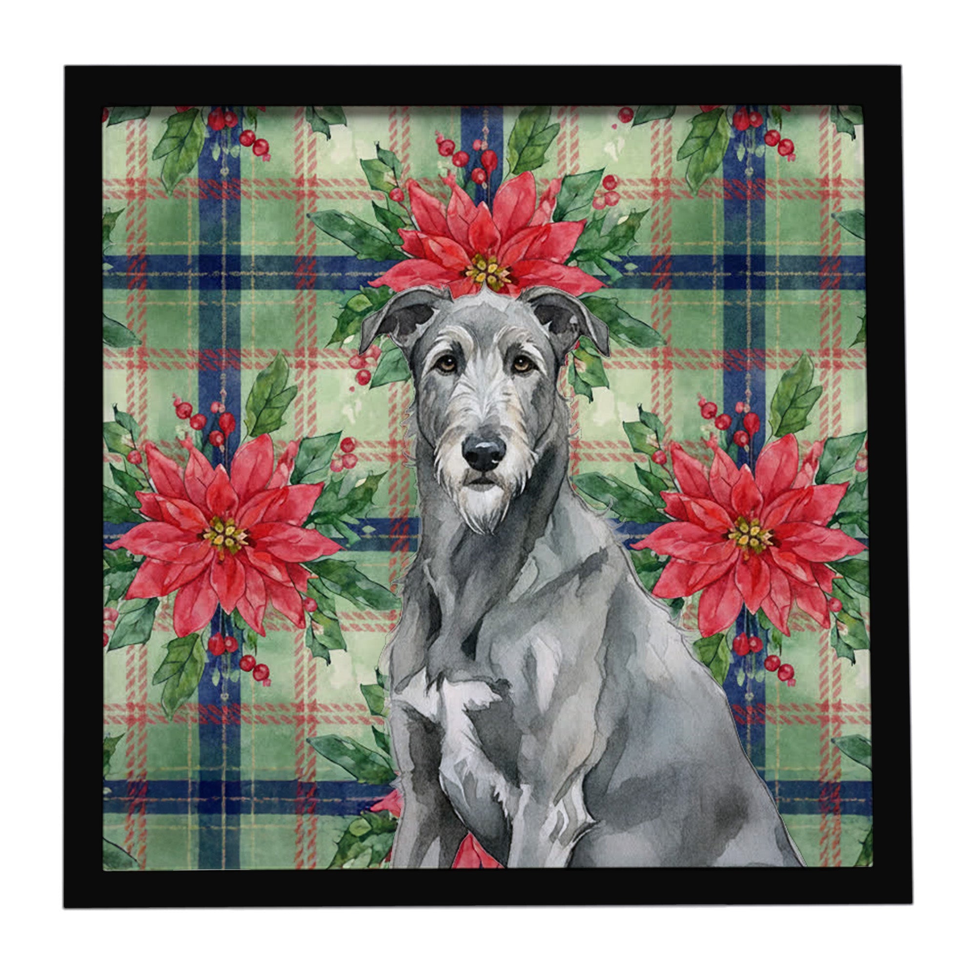 Gray Irish Wolfhound Christmas PoinsettIas Framed Metal Print Bathroom, Kitchen, Office, Home Decor Wall Art Ready to Hang, Square, 8X8