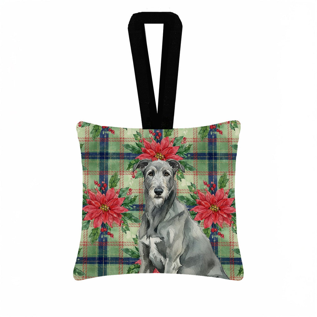 Gray Irish Wolfhound Christmas PoinsettIas Hanging Square Fabric Ornament 3.5 � 3.5 Decorative Door-Knob & Tree Hanger, Soft Fabric