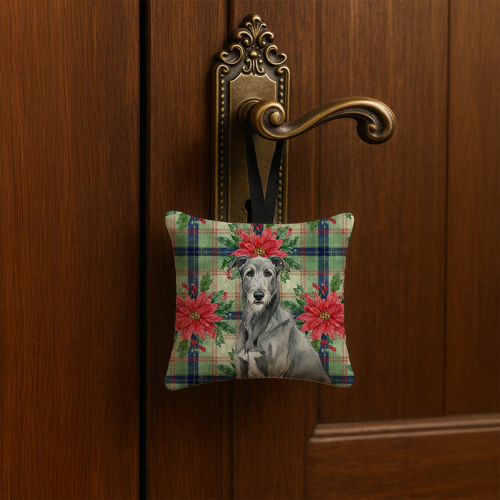 Gray Irish Wolfhound Christmas PoinsettIas Hanging Square Fabric Ornament 3.5 � 3.5 Decorative Door-Knob & Tree Hanger, Soft Fabric