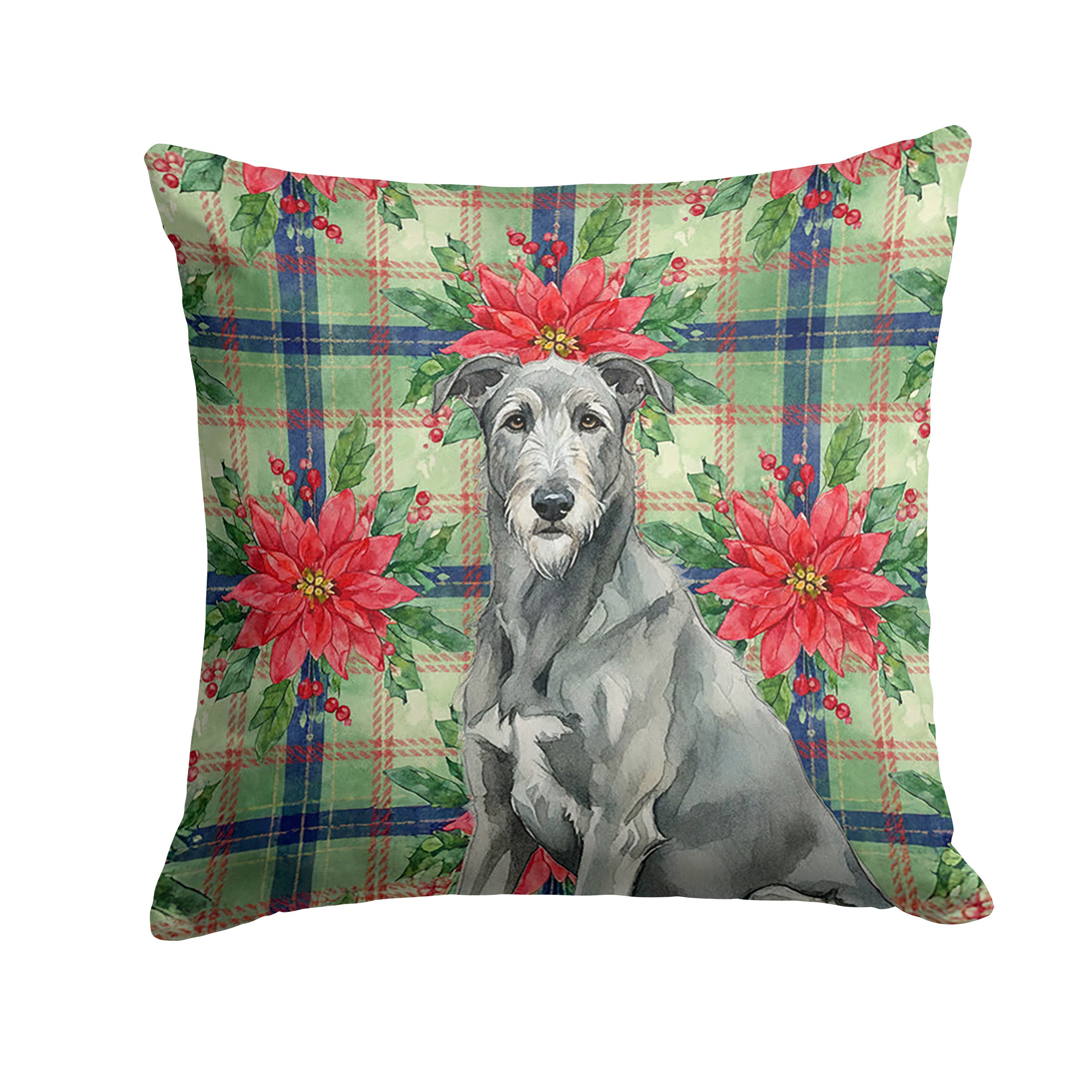 Gray Irish Wolfhound Christmas PoinsettIas Decorative Throw Pillow 14x14 Indoor Outdoor Accent Cushion, Fabric Cover with Insert for Sofa, Bed, Porch & Living Room