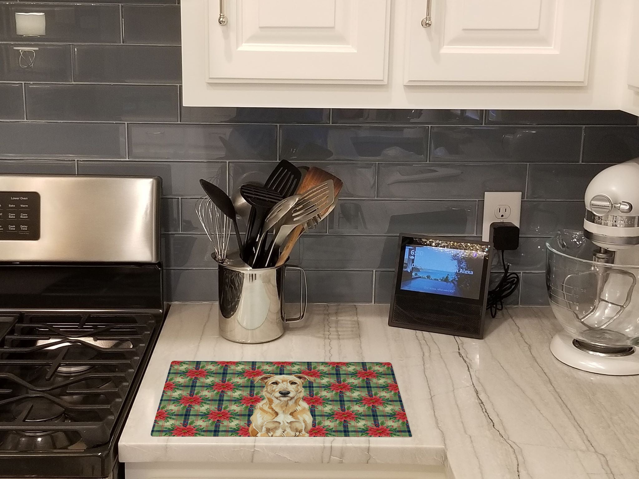Wheaten Irish Wolfhound Christmas PoinsettIas Cutting Board Tempered Glass Kitchen Cutting Surface, Heat Resistant Chopping, Non-Slip Feet, Food Prep & Serving