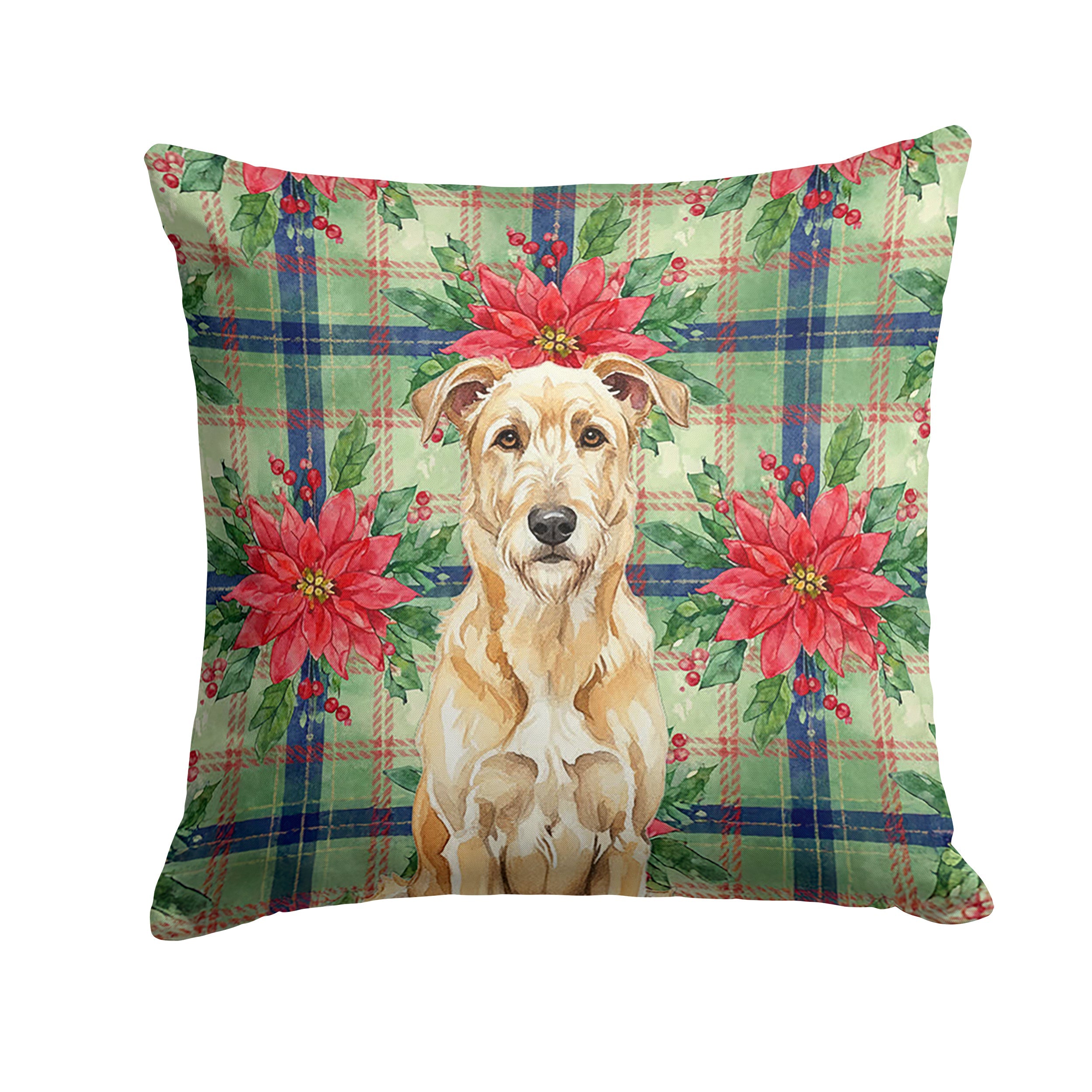 Wheaten Irish Wolfhound Christmas PoinsettIas Decorative Throw Pillow 14x14 Indoor Outdoor Accent Cushion, Fabric Cover with Insert for Sofa, Bed, Porch & Living Room