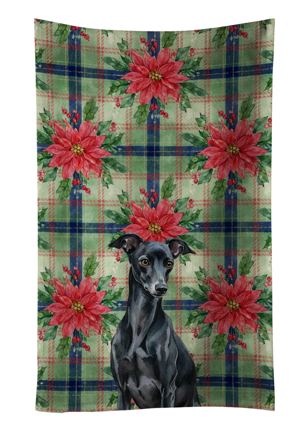 Black Italian Greyhound Christmas PoinsettIas Kitchen Towel Velour Plush Front and Cotton Loop Back Machine Washable