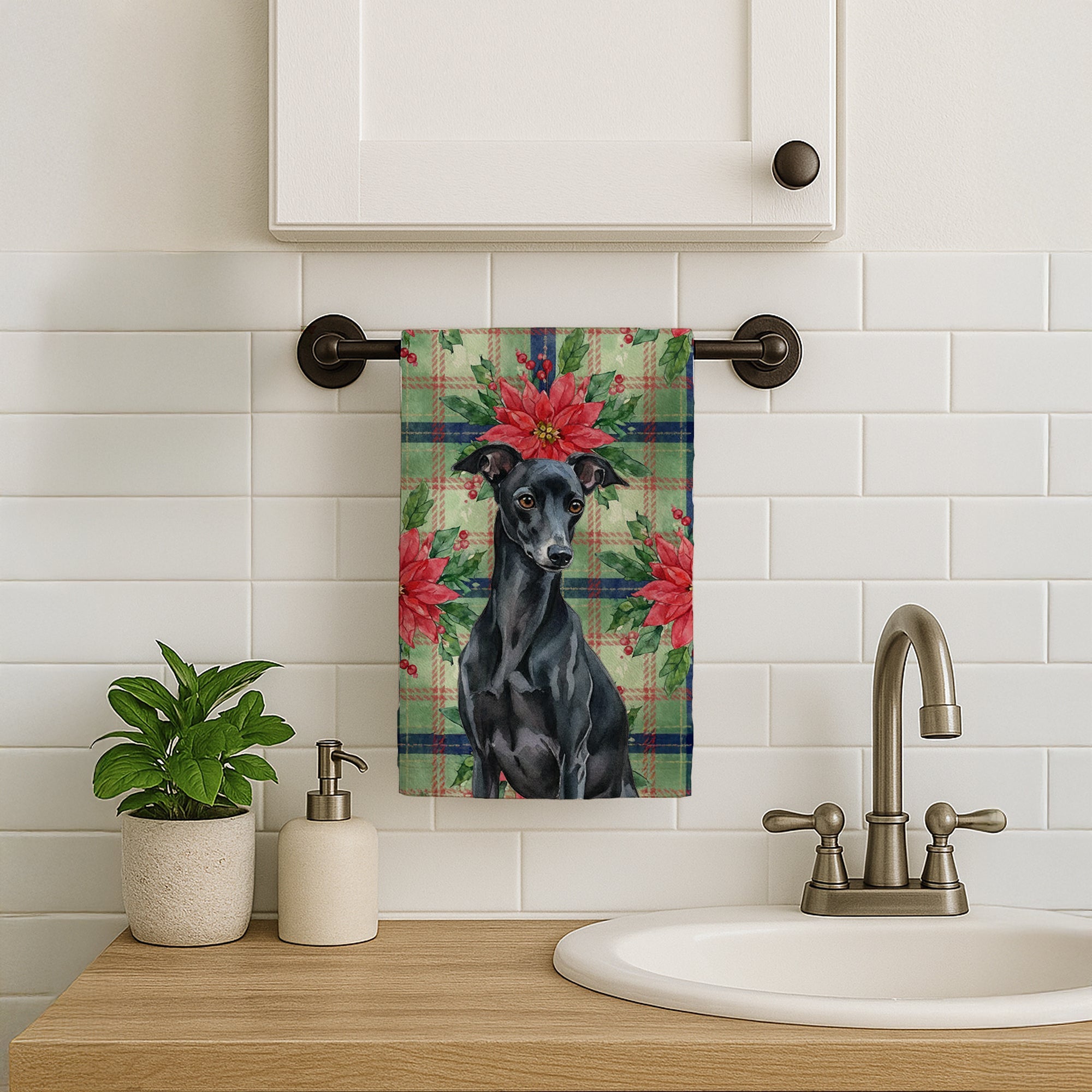 Black Italian Greyhound Christmas PoinsettIas Kitchen Towel Velour Plush Front and Cotton Loop Back Machine Washable