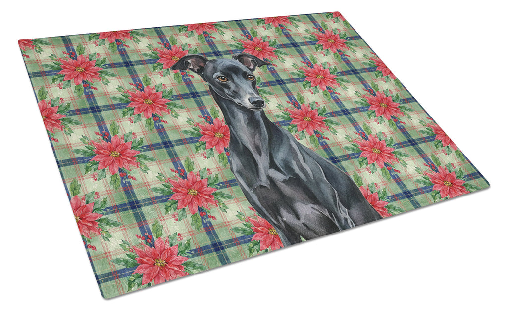 Black Italian Greyhound Christmas PoinsettIas Cutting Board Tempered Glass Kitchen Cutting Surface, Heat Resistant Chopping, Non-Slip Feet, Food Prep & Serving