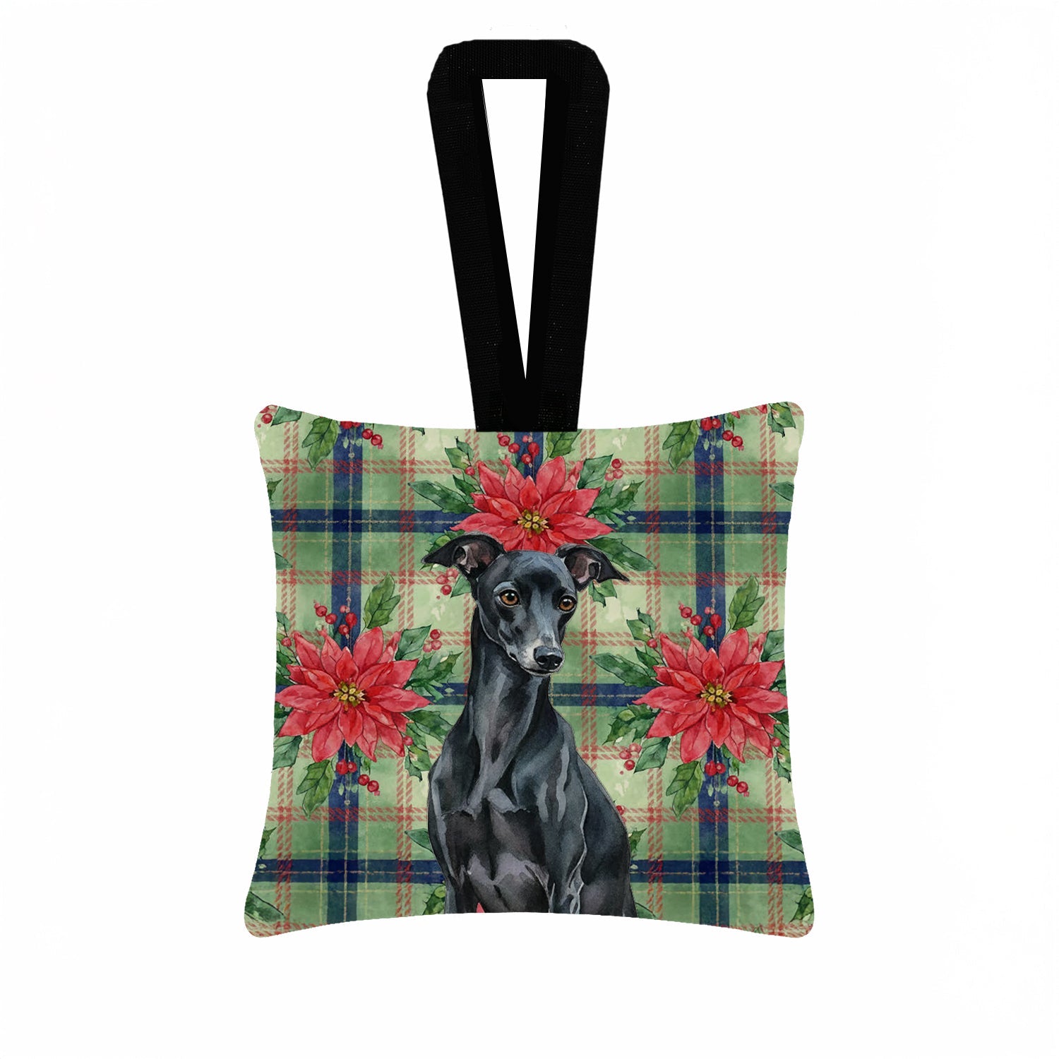 Black Italian Greyhound Christmas PoinsettIas Hanging Square Fabric Ornament 3.5 � 3.5 Decorative Door-Knob & Tree Hanger, Soft Fabric