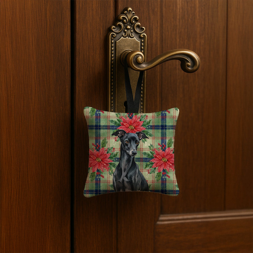 Black Italian Greyhound Christmas PoinsettIas Hanging Square Fabric Ornament 3.5 � 3.5 Decorative Door-Knob & Tree Hanger, Soft Fabric