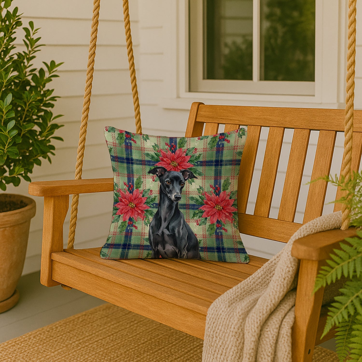 Black Italian Greyhound Christmas PoinsettIas Decorative Throw Pillow 18x18 Indoor Outdoor Accent Cushion, Fabric Cover with Insert for Sofa, Bed, Porch & Living Room