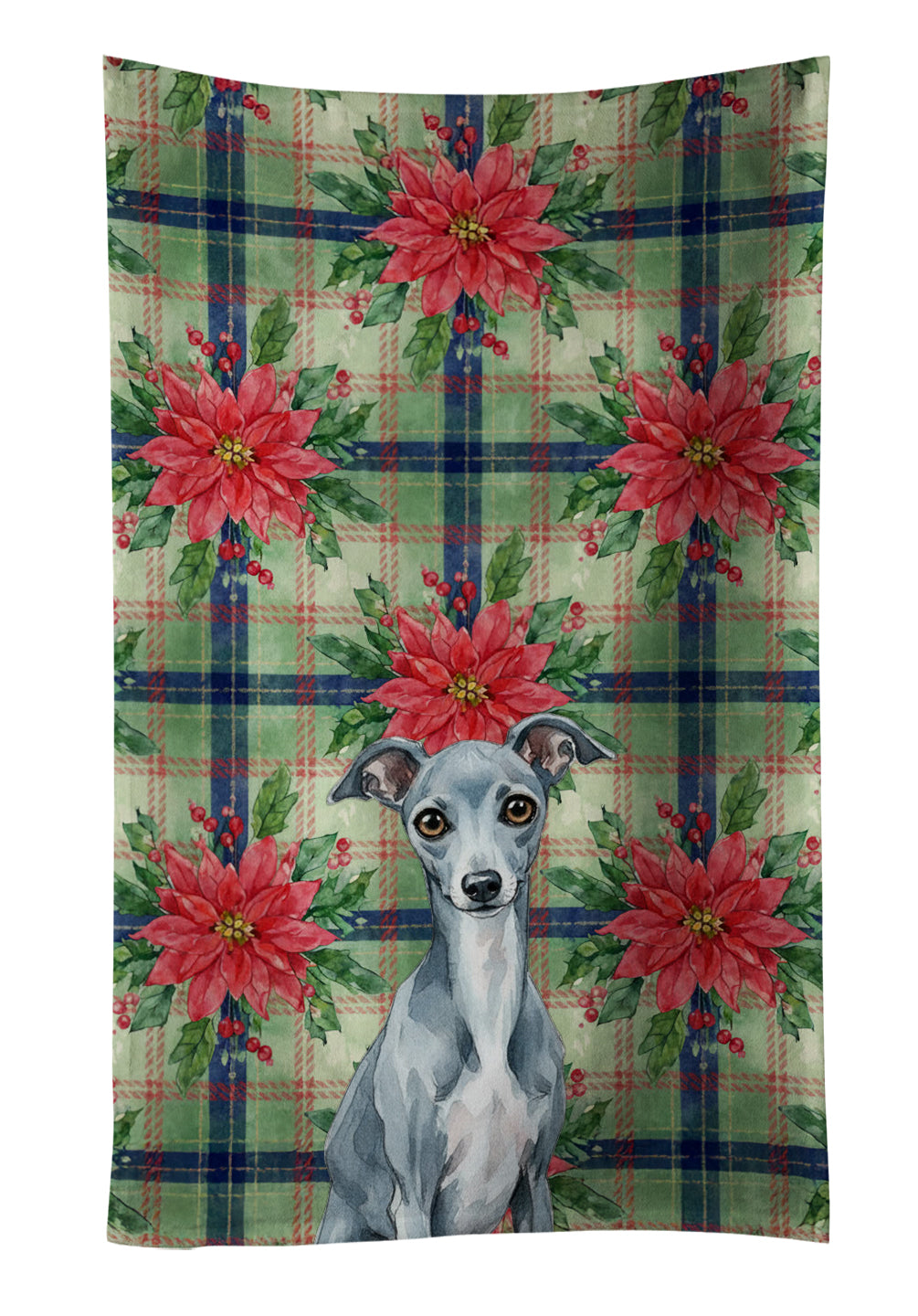 Blue Italian Greyhound Christmas PoinsettIas Kitchen Towel Velour Plush Front and Cotton Loop Back Machine Washable